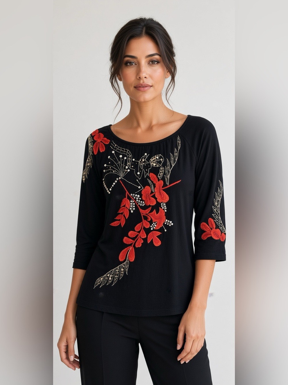 Boston Proper XS Black Floral Embroidered Sequin Top 3/4 Sleeve Knit